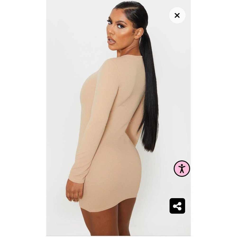 PrettyLittleThing Stone Long Sleeve Bodycon Mini Dress Women's Size 4 - Picture 2 of 6